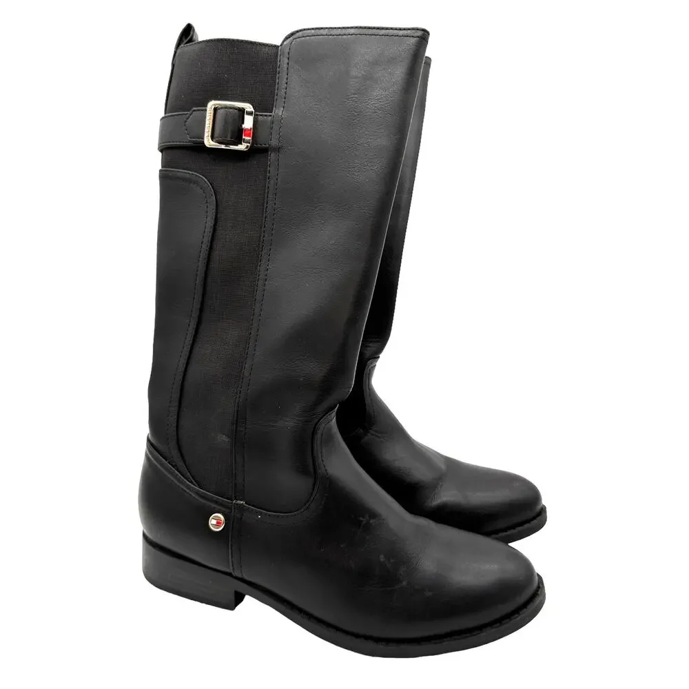 Tommy Hilfiger Girls Sz: 4 Black Side Zip Long Faux Leather Riding Boots